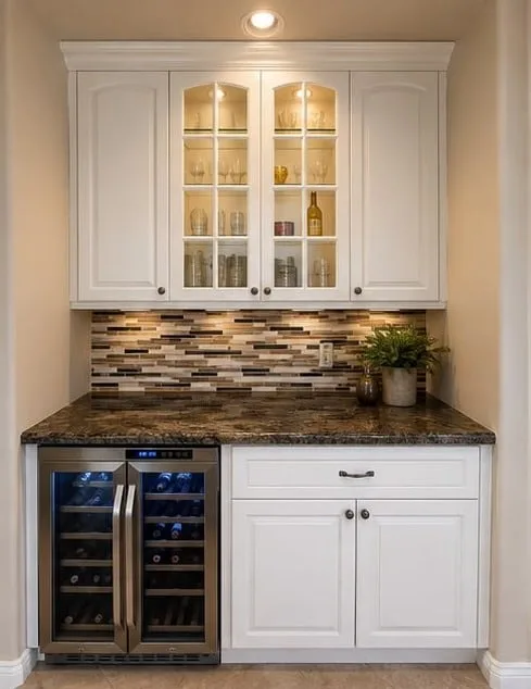 Wet bar with glass-front uppers