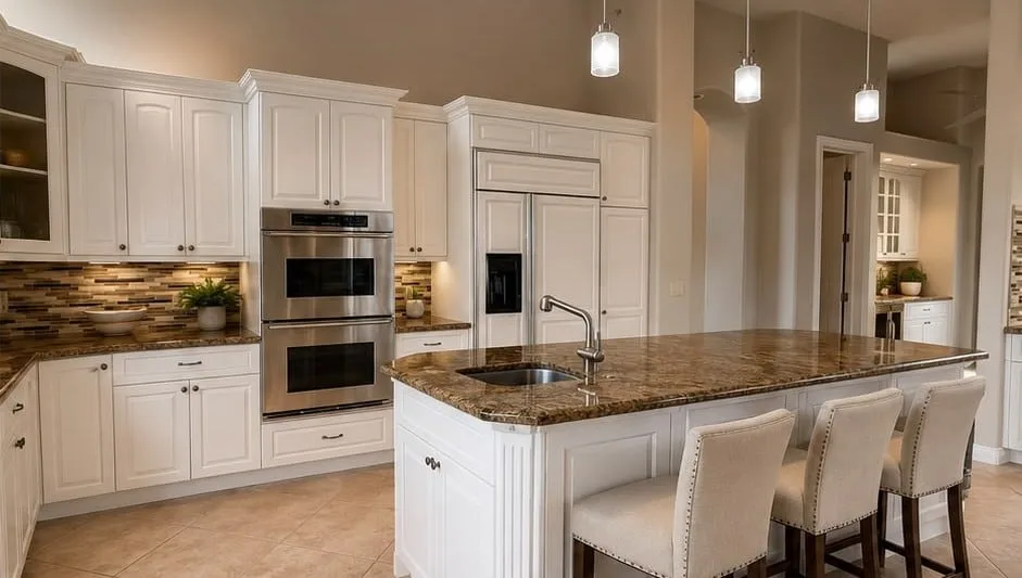 White cabinet refinish, island and double ovens